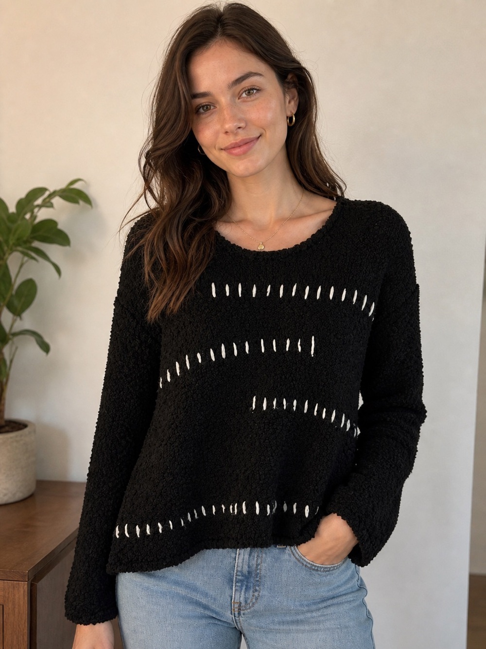POL Black and White Textured Crew Neck Sweater